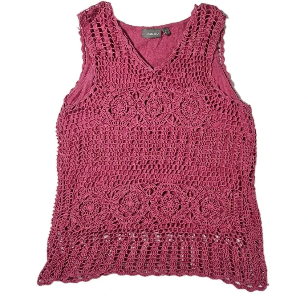 Croft Barrow Pink Cottagecore Crochet Tank Top Women Boho Hippie Casual XL Fairy